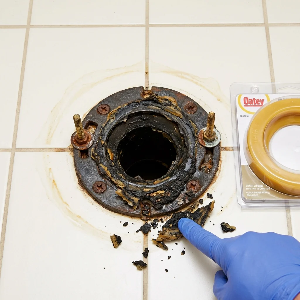 Failed wax ring showing water seepage at the base of a toilet in a Woodville, OH home