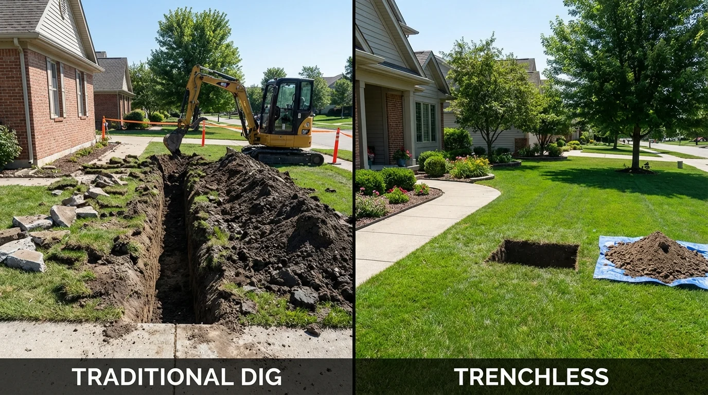 Trenchless sewer repair with minimal yard damage versus traditional excavation in Woodville, OH