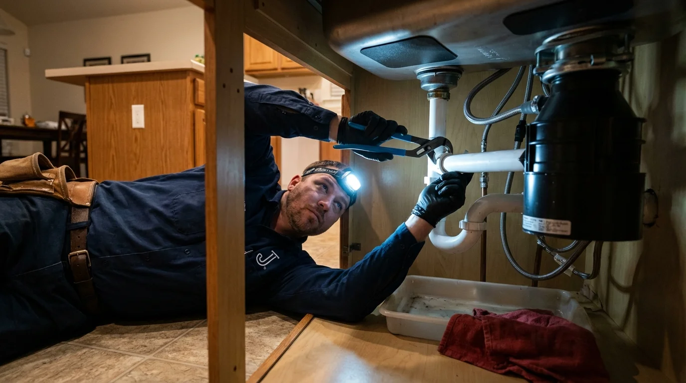 P-trap and supply line connections under a kitchen sink showing a common leak point in Woodville, OH